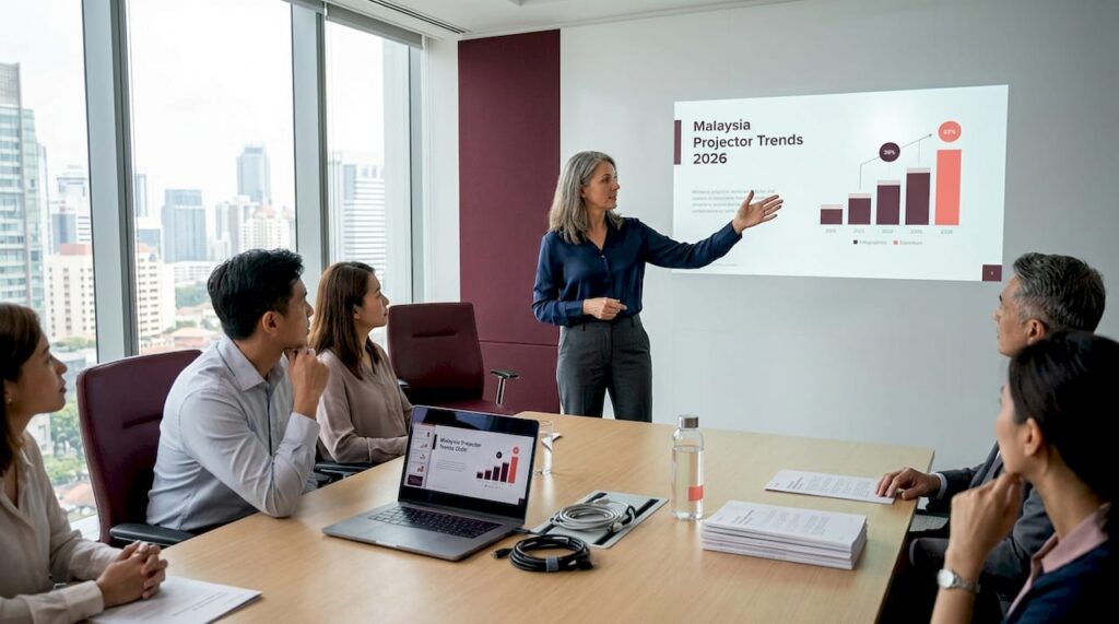 Manager presenting with smart projector in office