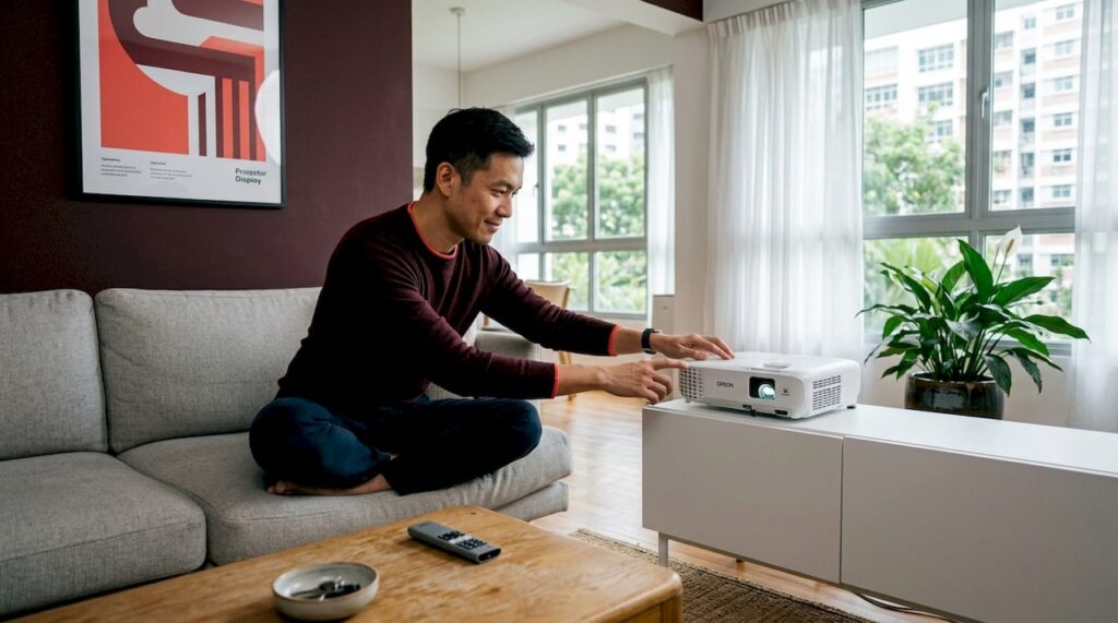 Man adjusts Epson LS300 projector in living room
