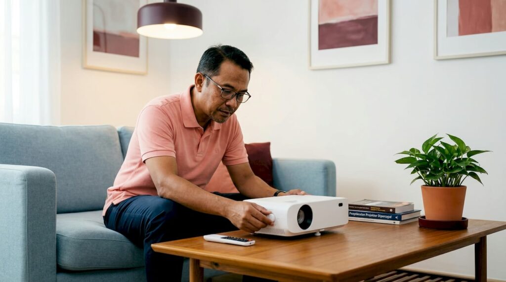 Seorang lelaki sedang menyusun semula projektor di rumahnya.