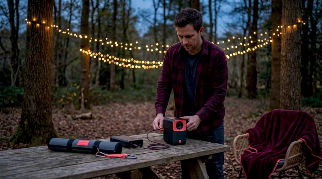 Man setting up outdoor projector in backyard at dusk