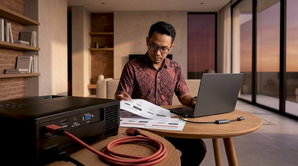 Seorang lelaki sedang meneliti pilihan sambungan input untuk projektor video.