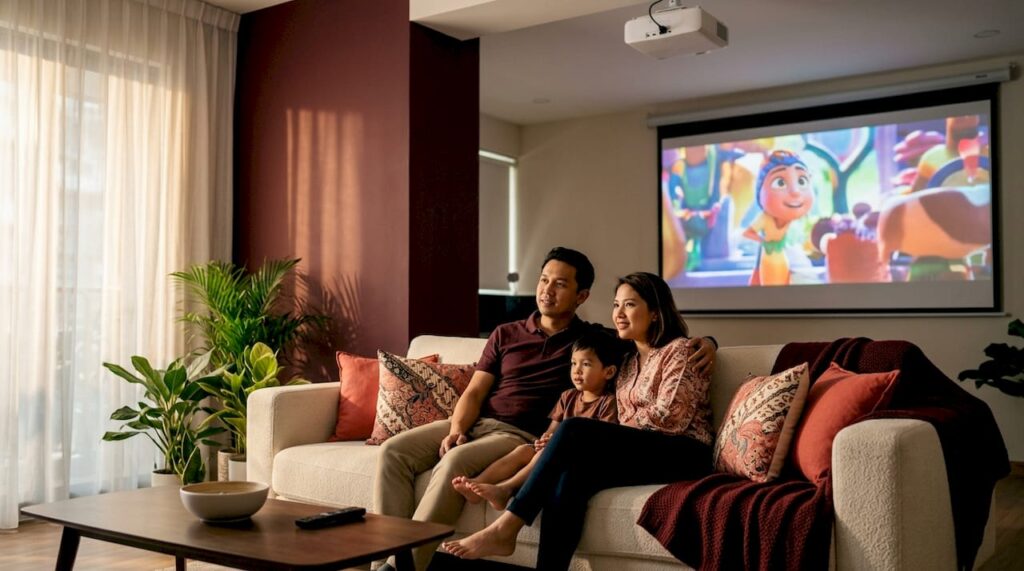 Family enjoying home theater in Malaysian living room