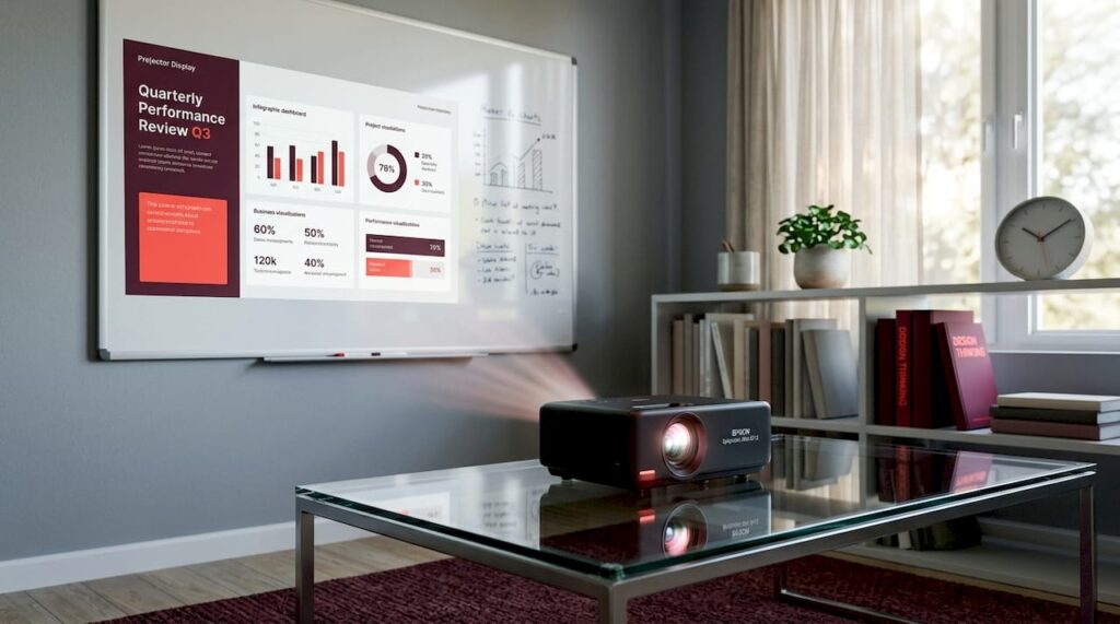 Epson EF12 projector in modern living room setup