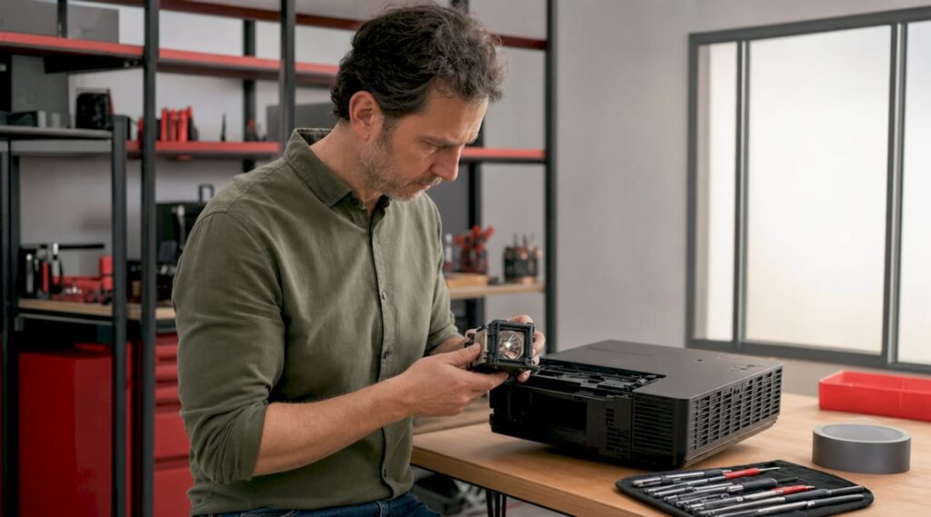 Man replacing projector lamp in home office