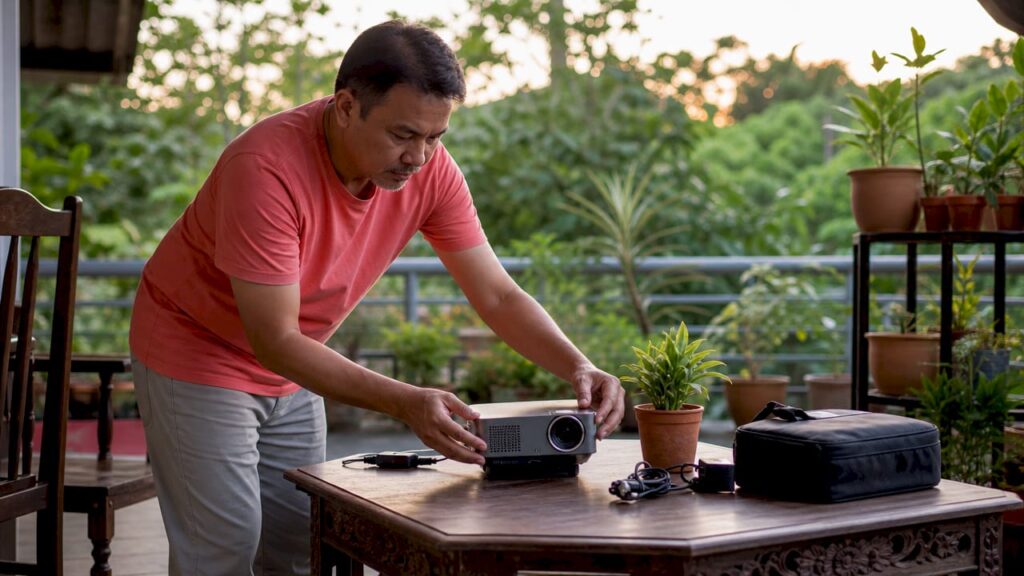 Seorang lelaki sedang memasang projektor mudah alih di atas tripod.