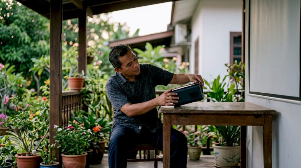 Seorang lelaki sedang memasang projektor di ruang tamu untuk hiburan di rumah.