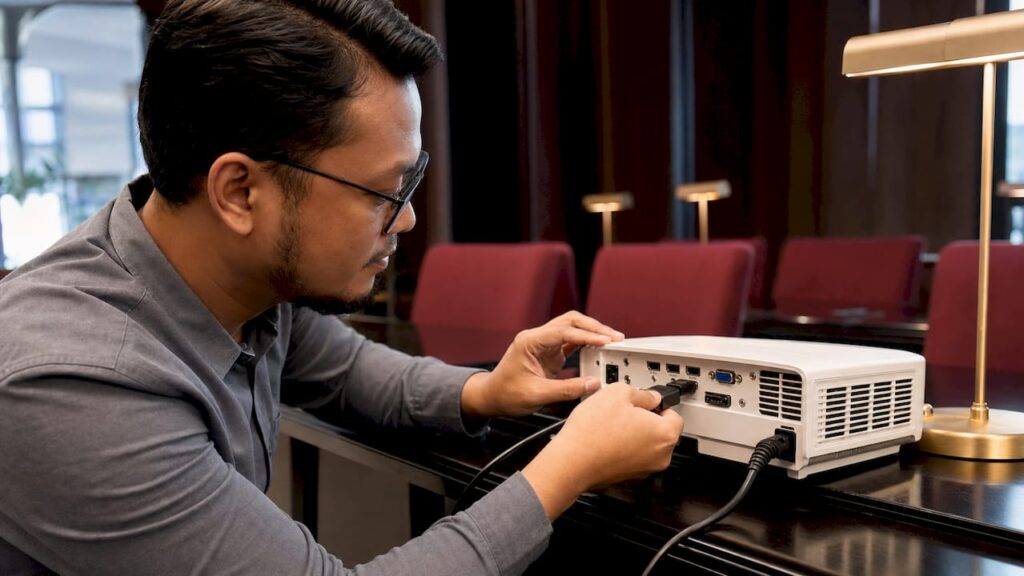 Seorang juruteknik sedang memasang kabel HDMI ke projektor.