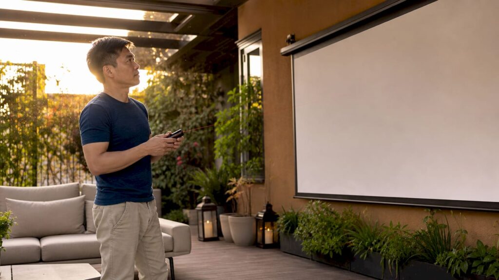 Man adjusting projection screen at home theater