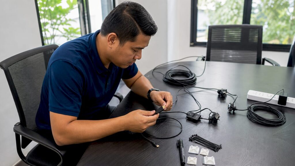 Seorang juruteknik sedang membuat pemeriksaan ke atas wayar projektor di dalam pejabat.