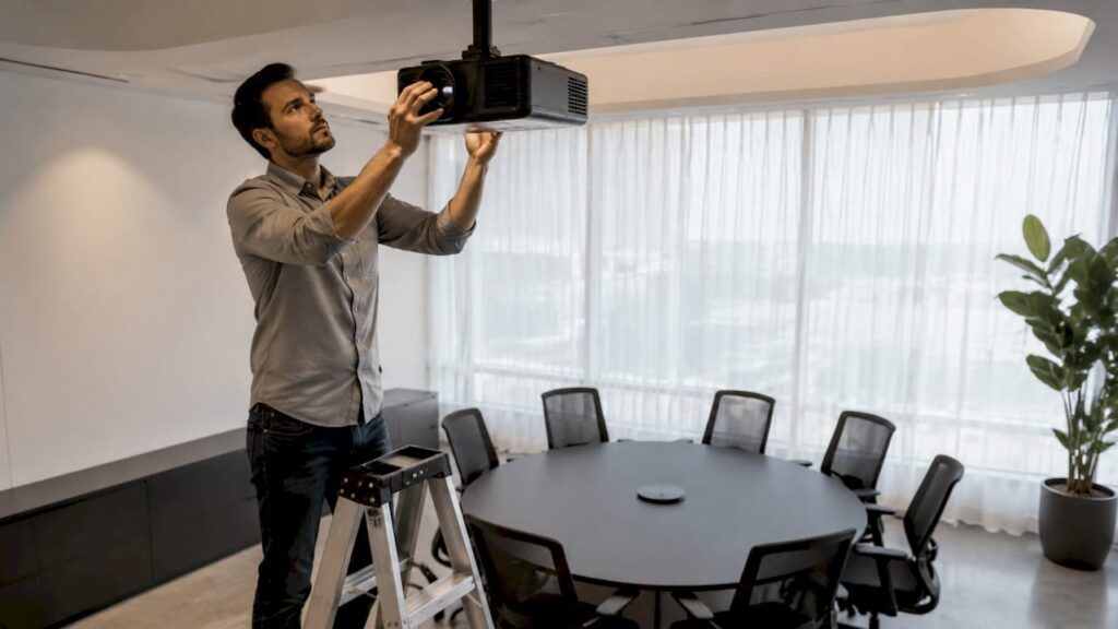 Technician adjusting laser projector in conference room