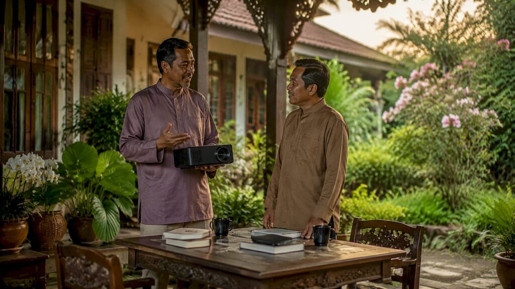 Dua orang lelaki sedang berbual santai tentang kelebihan projektor laser di ruang tamu yang moden dan selesa.