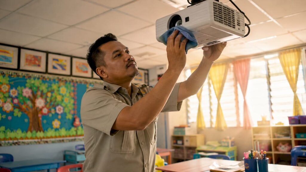 Technician cleaning school projector lens
