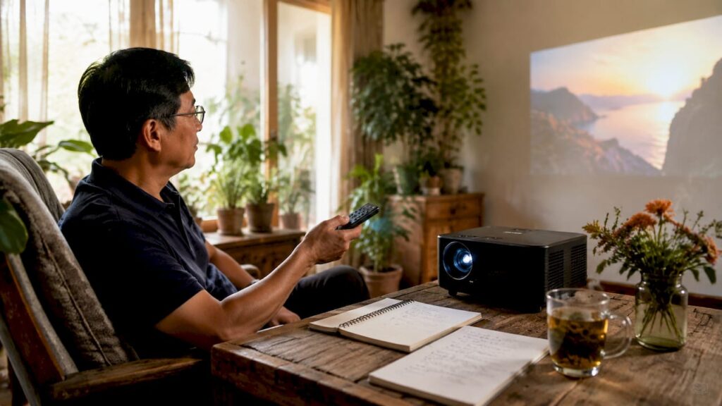 Man adjusting projector brightness settings