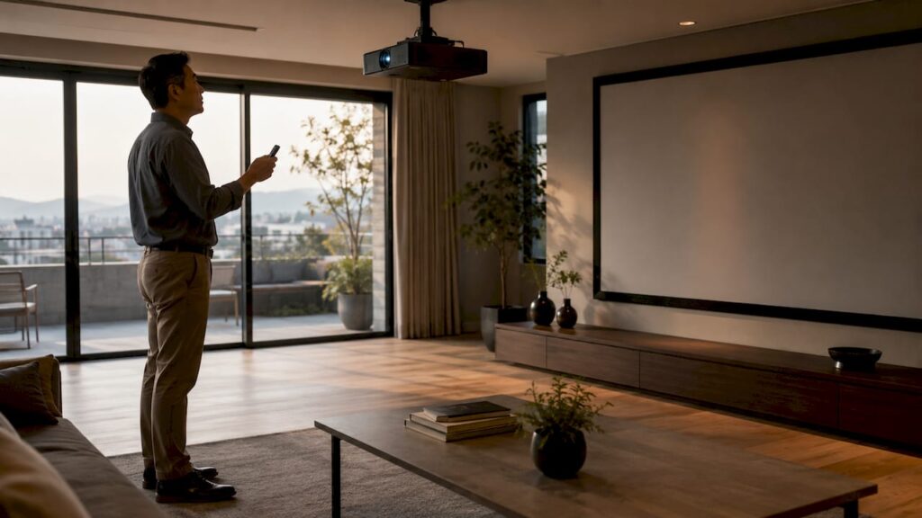 Man adjusting motorized lens projector in home theater