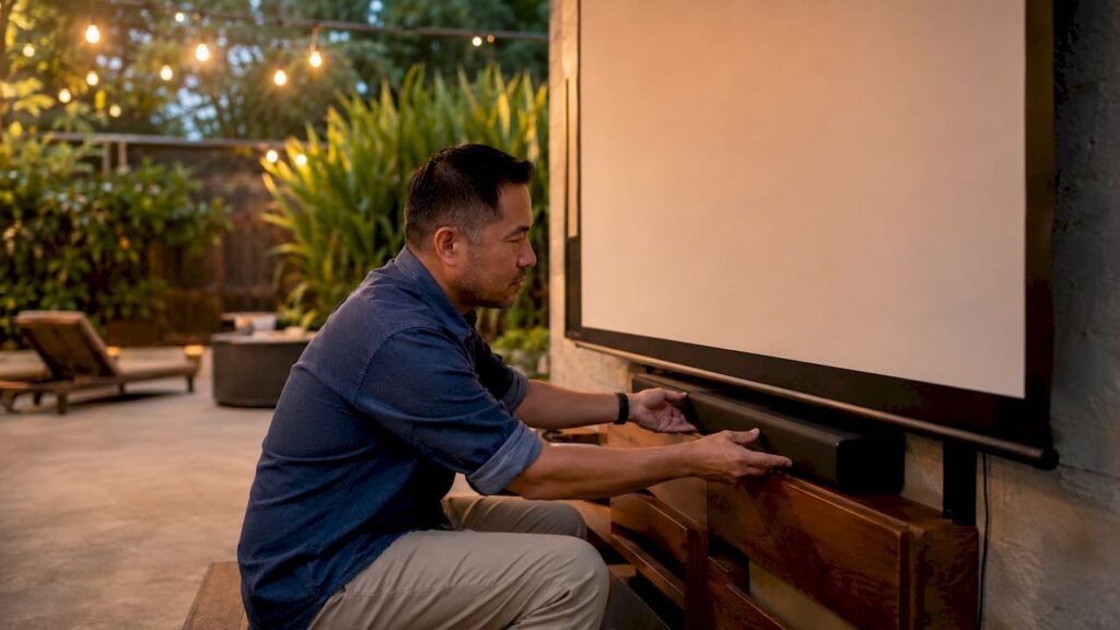 Man installing soundbar under projector screen