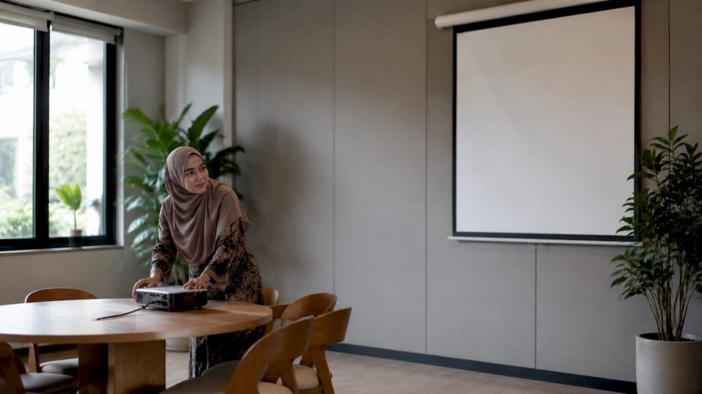 Guru sedang membetulkan projektor di dalam kelas