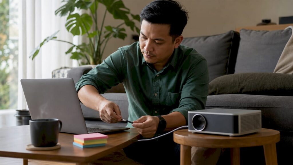 Man connecting USB-C cable to projector in home office