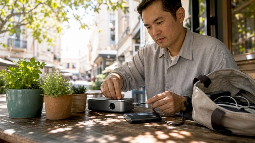 Man connecting portable projector to USB-C power bank outdoors
