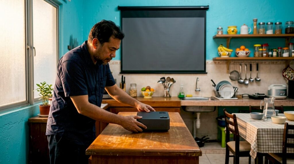 Man setting up home projector in living room