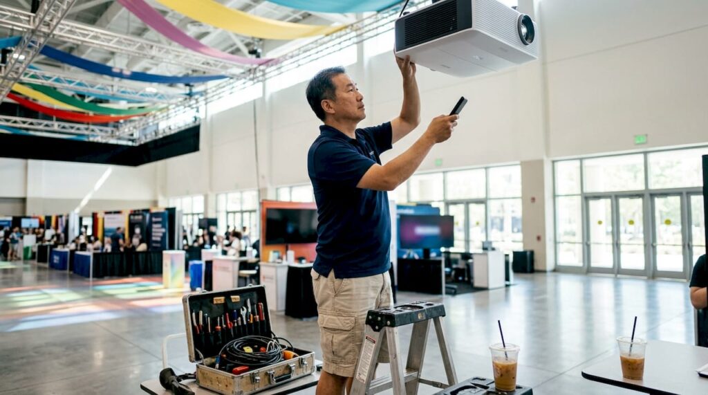 Technician adjusting projector in trade exhibition hall