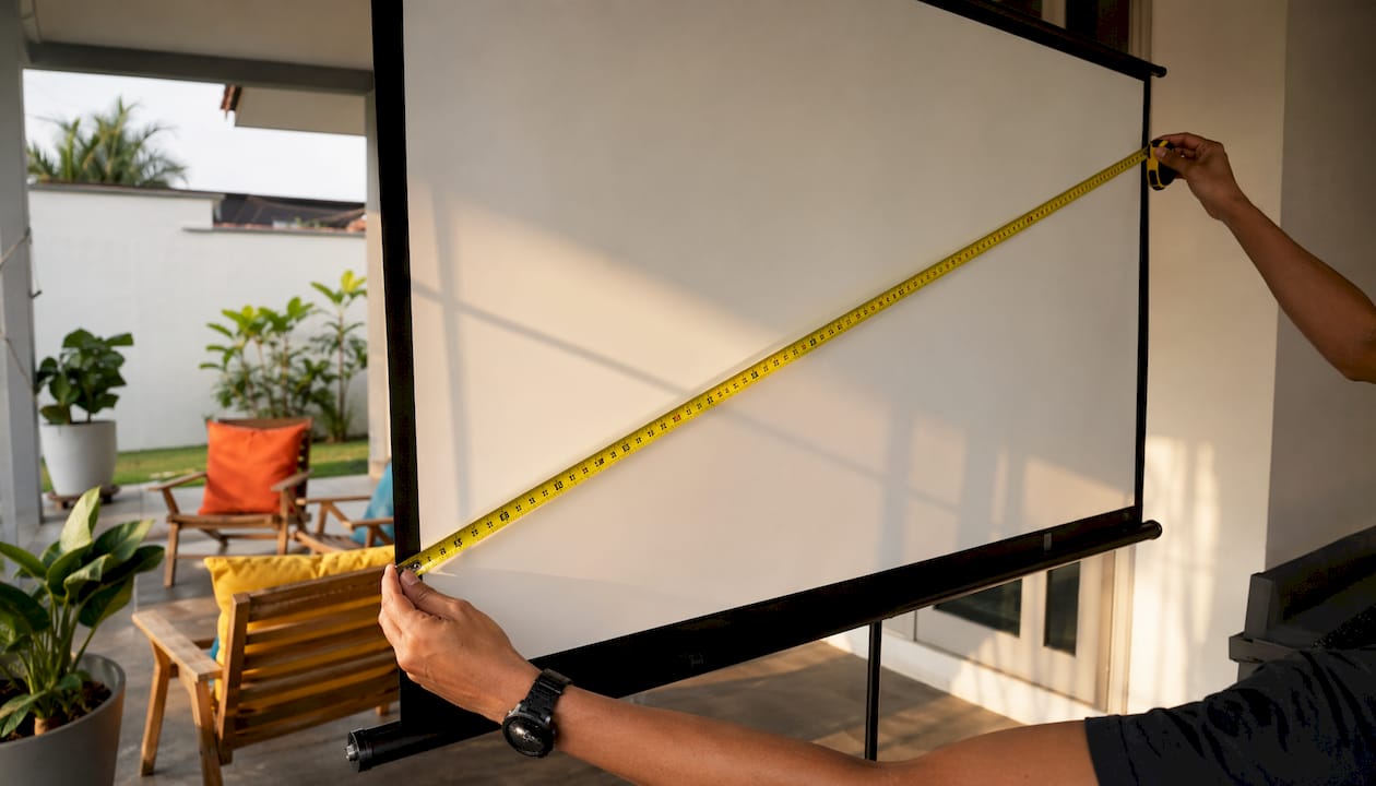 Tangan sedang mengukur saiz pepenjuru skrin projektor