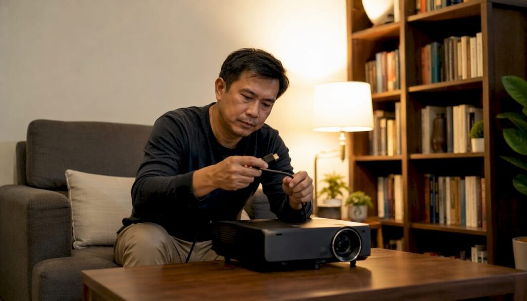Seorang lelaki sedang memeriksa sambungan kabel HDMI pada projektor.