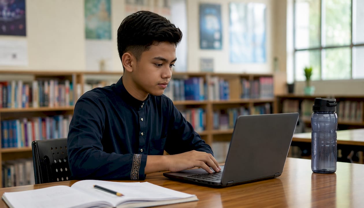 Tangan pelajar lincah mengendalikan Chromebook semasa sesi pembelajaran yang didorong oleh kecerdasan buatan.