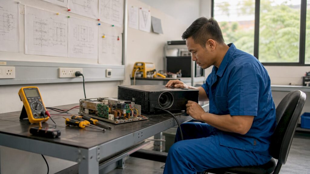 Technician inspecting projector voltage in workshop