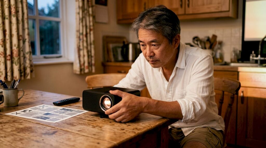 Man calibrating home projector focus