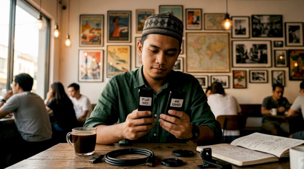Seorang lelaki sedang membandingkan alat kawalan jauh projektor Full HD dan 4K untuk melihat perbezaan antara kedua-duanya.