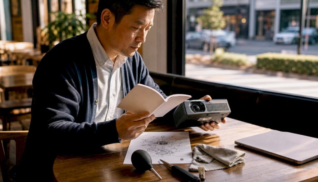 Man inspecting projector in office setting