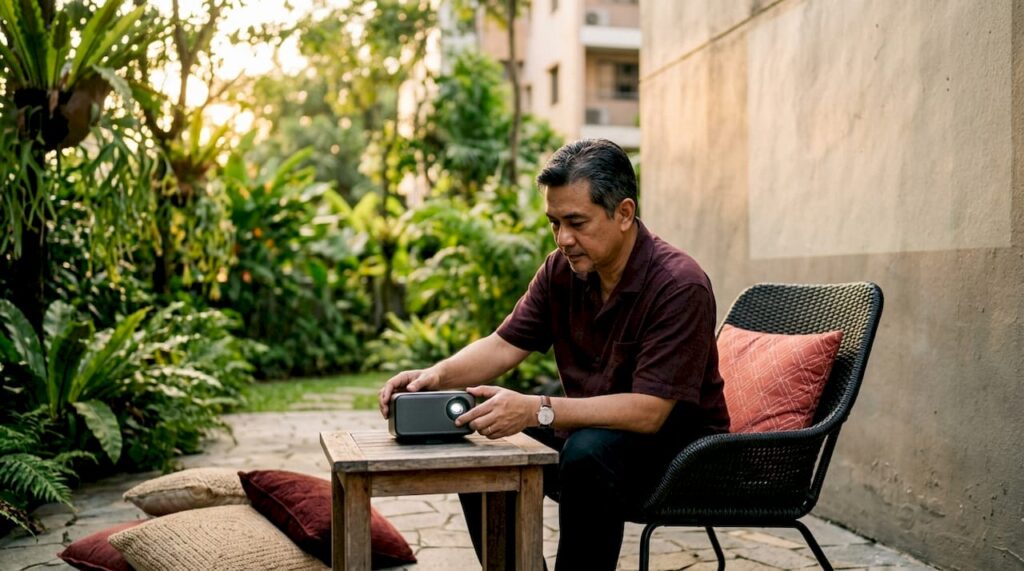 Man setting up projector in Malaysian living room