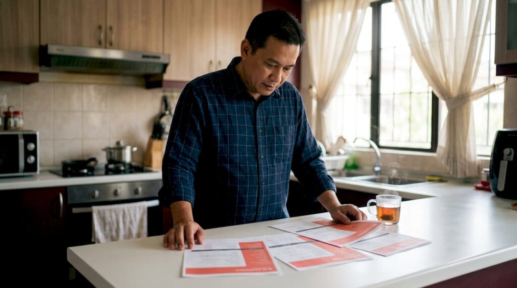 Man reading projector specification sheets at desk
