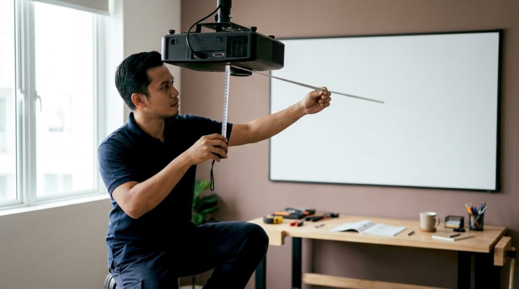 Juruteknik sedang mengukur jarak lontaran projektor untuk memastikan imej dipaparkan dengan jelas dan tepat.
