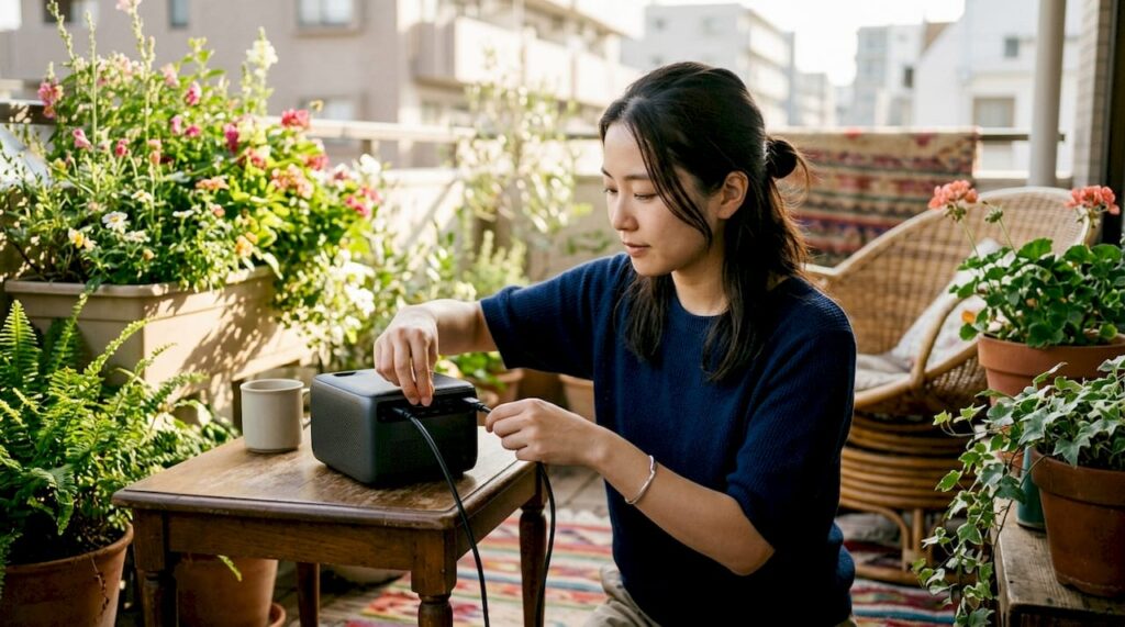 Woman setting up built-in speaker projector