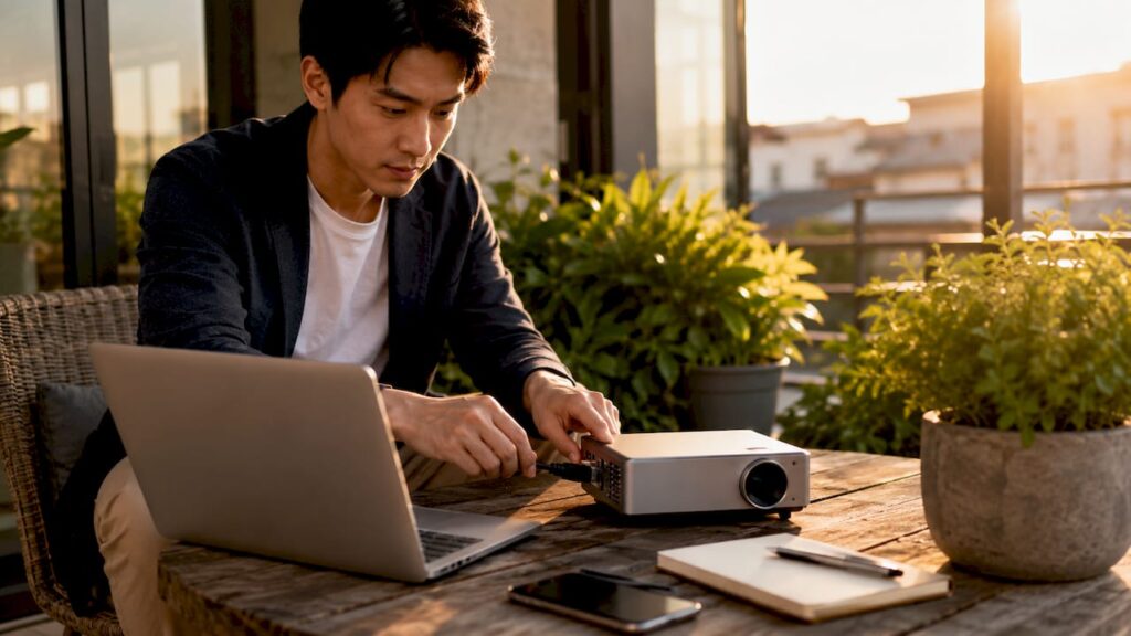 Man connecting laptop to projector in meeting room
