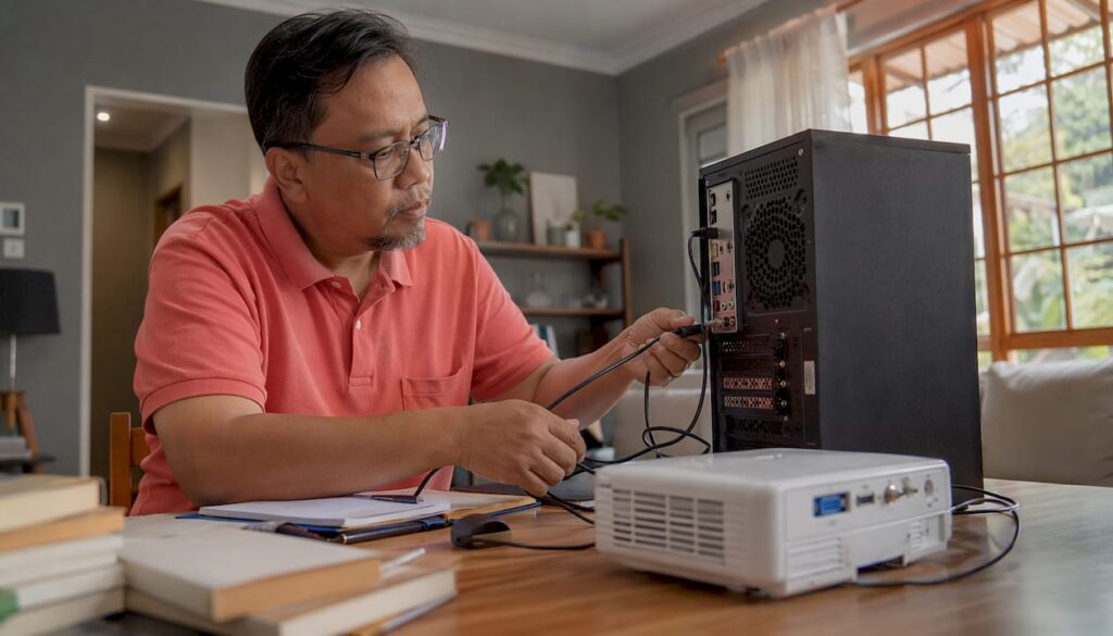 Seorang lelaki Malaysia sedang menyambungkan kabel HDMI dan VGA pada peranti elektronik.