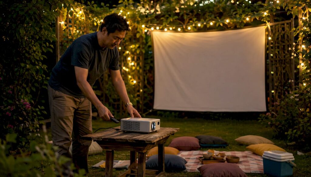 Man setting up projector outdoors at dusk