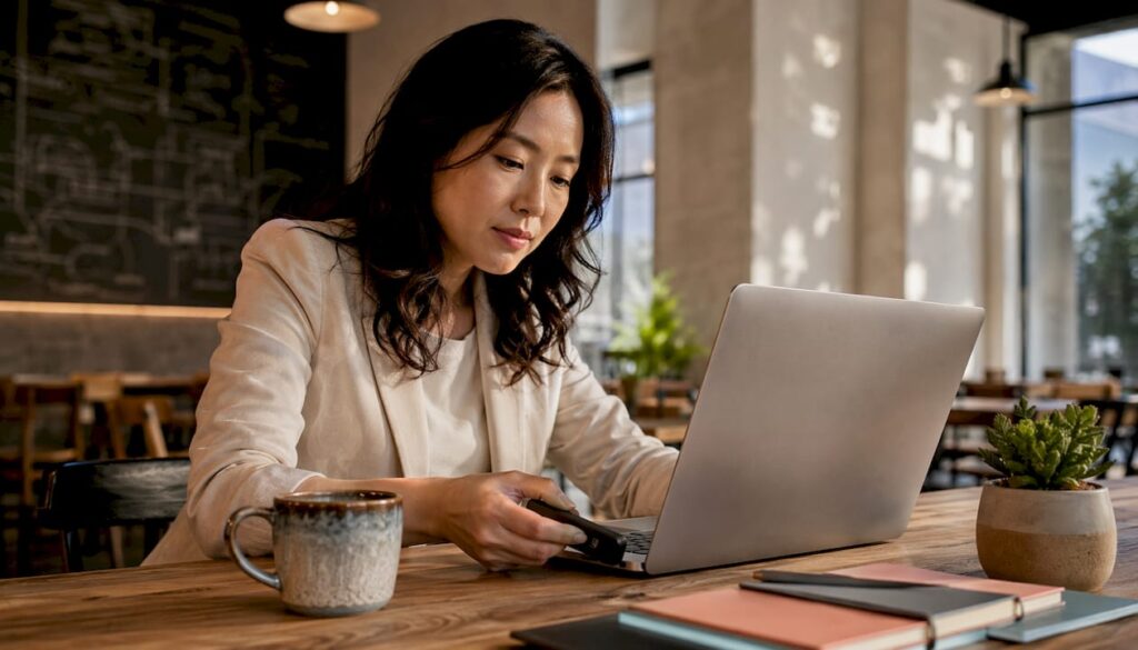 Woman setting up wireless laptop presentation