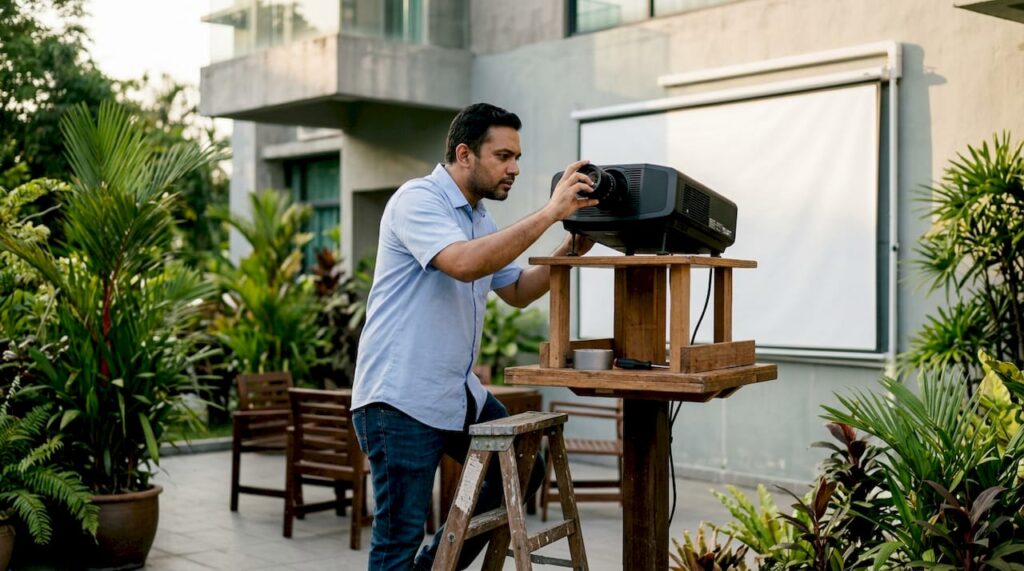 Technician adjusting projector in office