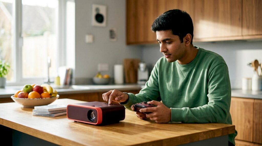 Gamer adjusting projector in living room