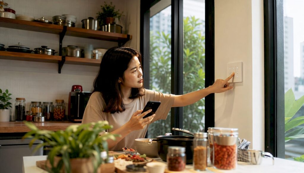 Seorang wanita mengendalikan peralatan rumah pintar hanya dengan telefon bimbitnya dari ruang tamu.