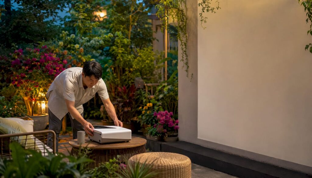 Man setting up ultra-short throw projector in HDB flat