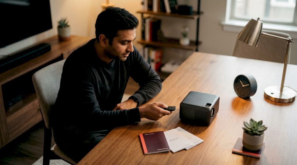Man adjusting Android projector settings in living room