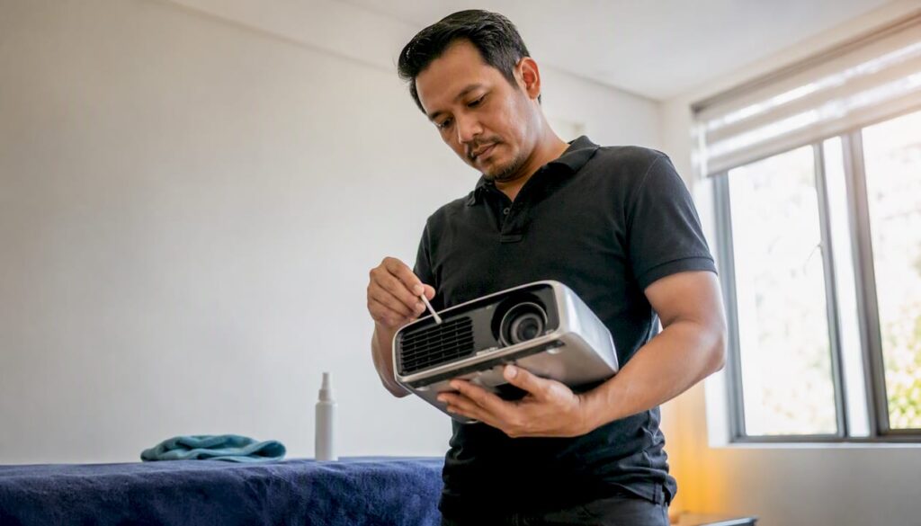 Seorang juruteknik sedang membersihkan lensa projektor dengan penuh teliti.