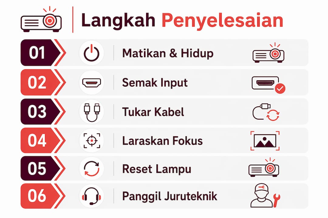 Infografik langkah mudah untuk selesaikan masalah projektor dengan pantas