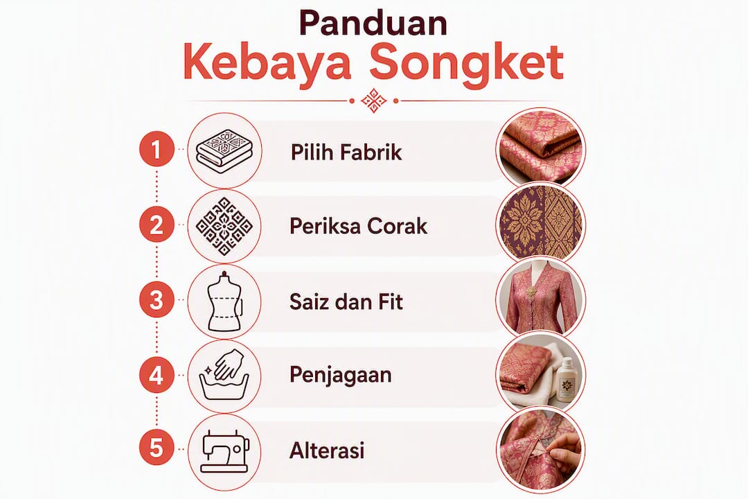 Infografik cara mengenakan kebaya songket, langkah demi langkah