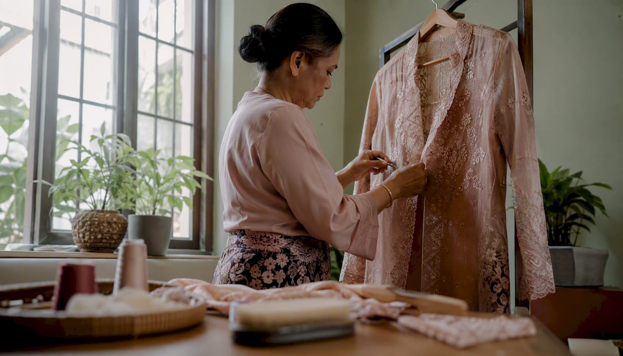 Dengan berhati-hati, tangan menyusun kebaya songket ke dalam beg kain, supaya kekal terjaga rapi.