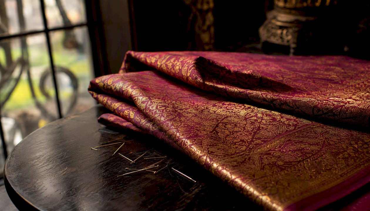 Terserlah corak songket dengan benang emas yang memancar indah