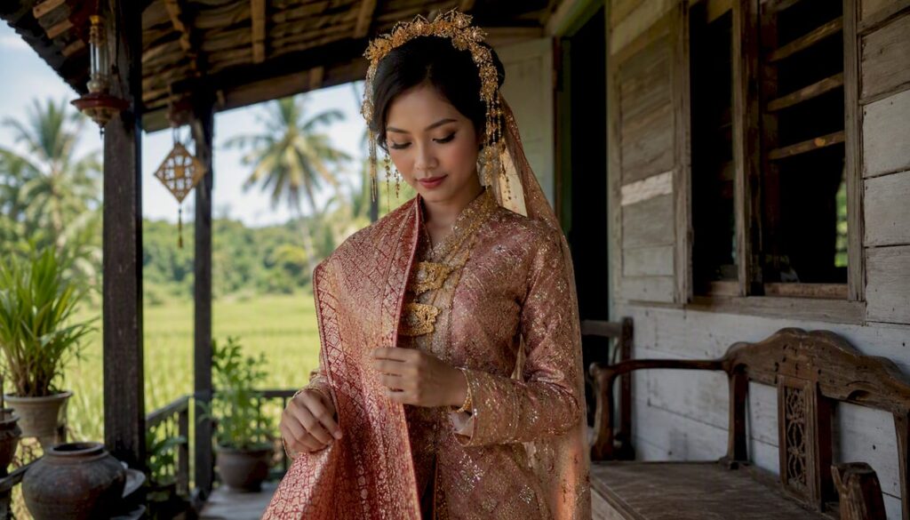 Seorang pengantin perempuan anggun mengenakan kebaya songket, bersiap di dalam bilik berkonsep tradisional.